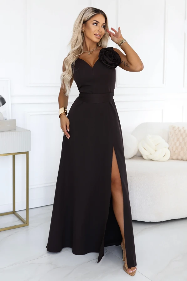 Rochie maxi romantică 669-5, maro ciocolatiu